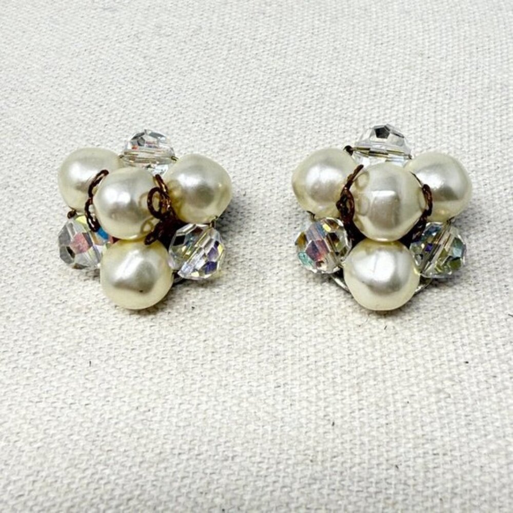 Vintage Bead Cluster Earrings Faux Pearls Crystals‎ Clip-On Retro Classic